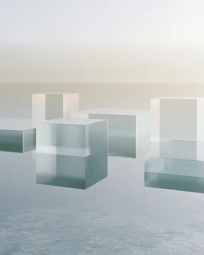 Abstract Glass Cubes Floating Above Reflective Surface