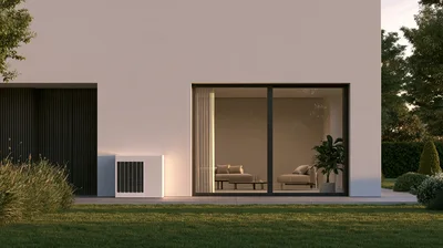 Modern House Exterior With Heat Pump And Garden