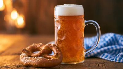 Beer Mug And Pretzel On Wooden Table
