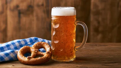 Beer Mug And Pretzel On Wooden Table