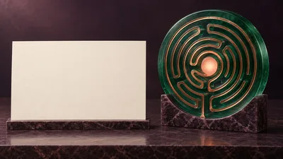 Blank Business Card Beside A Decorative Labyrinth Sculpture