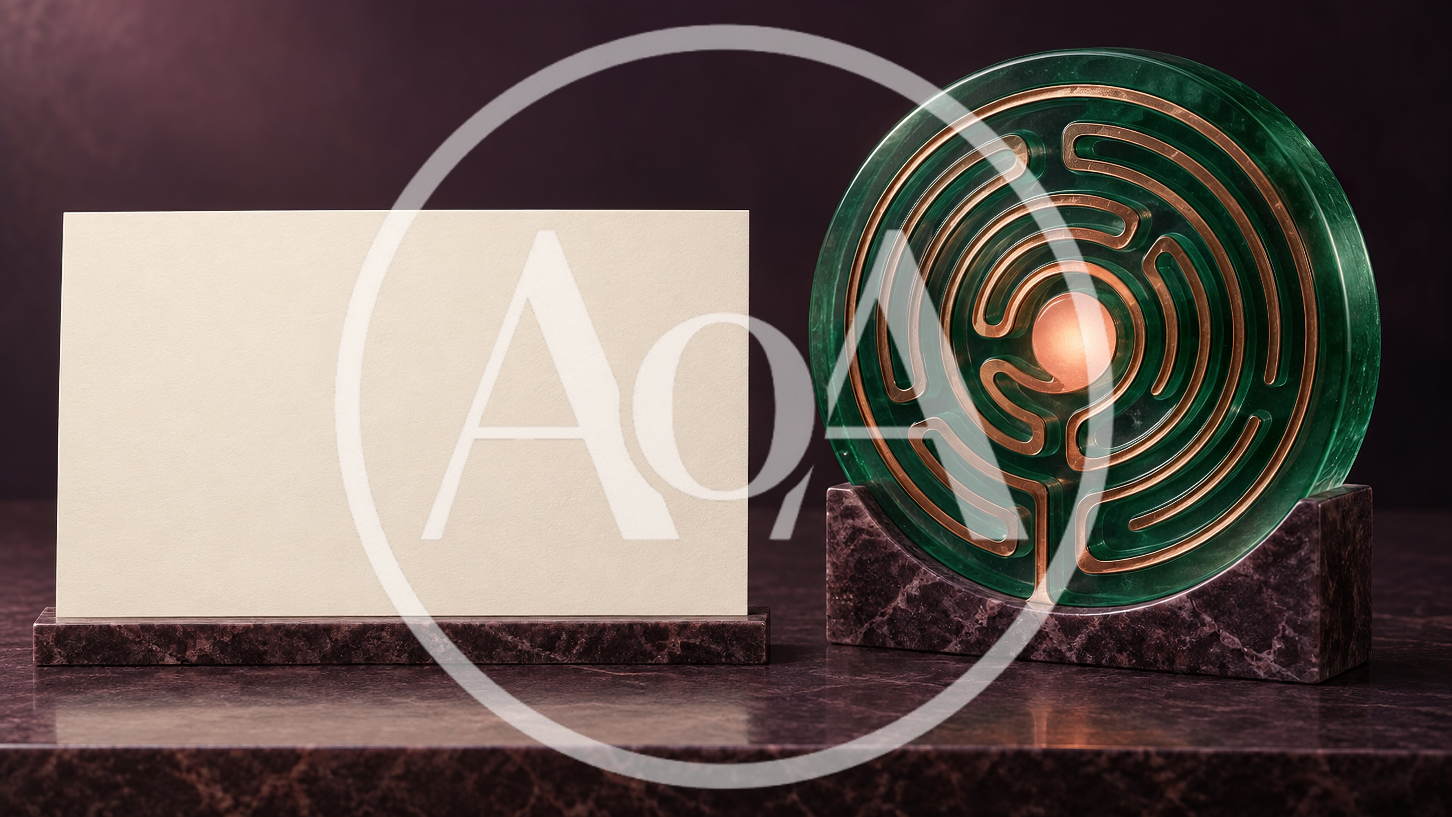 Blank Business Card Beside A Decorative Labyrinth Sculpture
