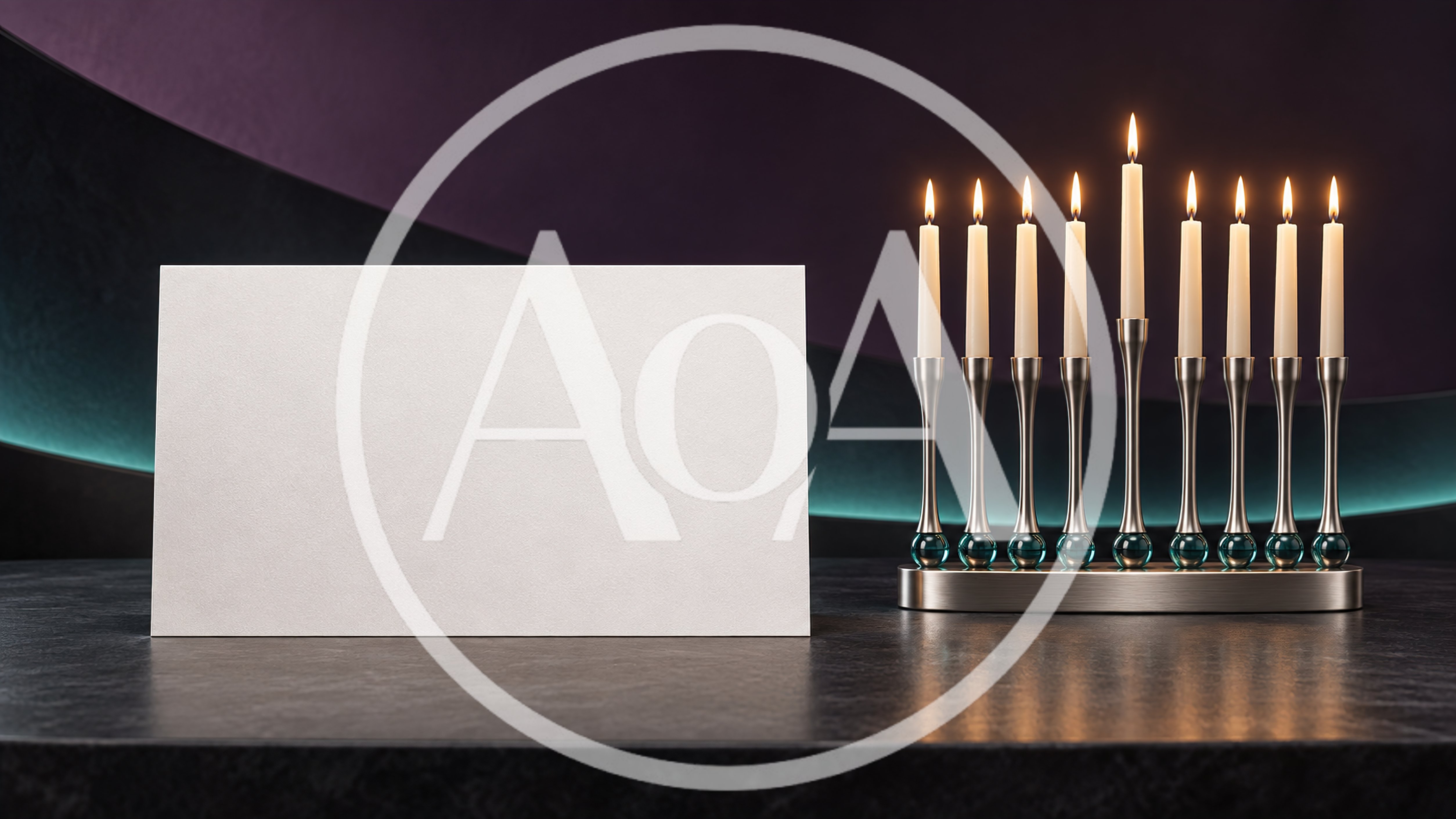 Blank White Card Beside Lit Hanukkah Menorah