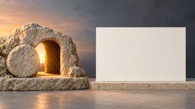 Empty Tomb Of Jesus With Blank Display Board