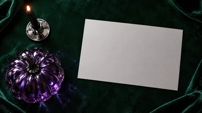 Purple Glass Pumpkin and Candle on Green Velvet