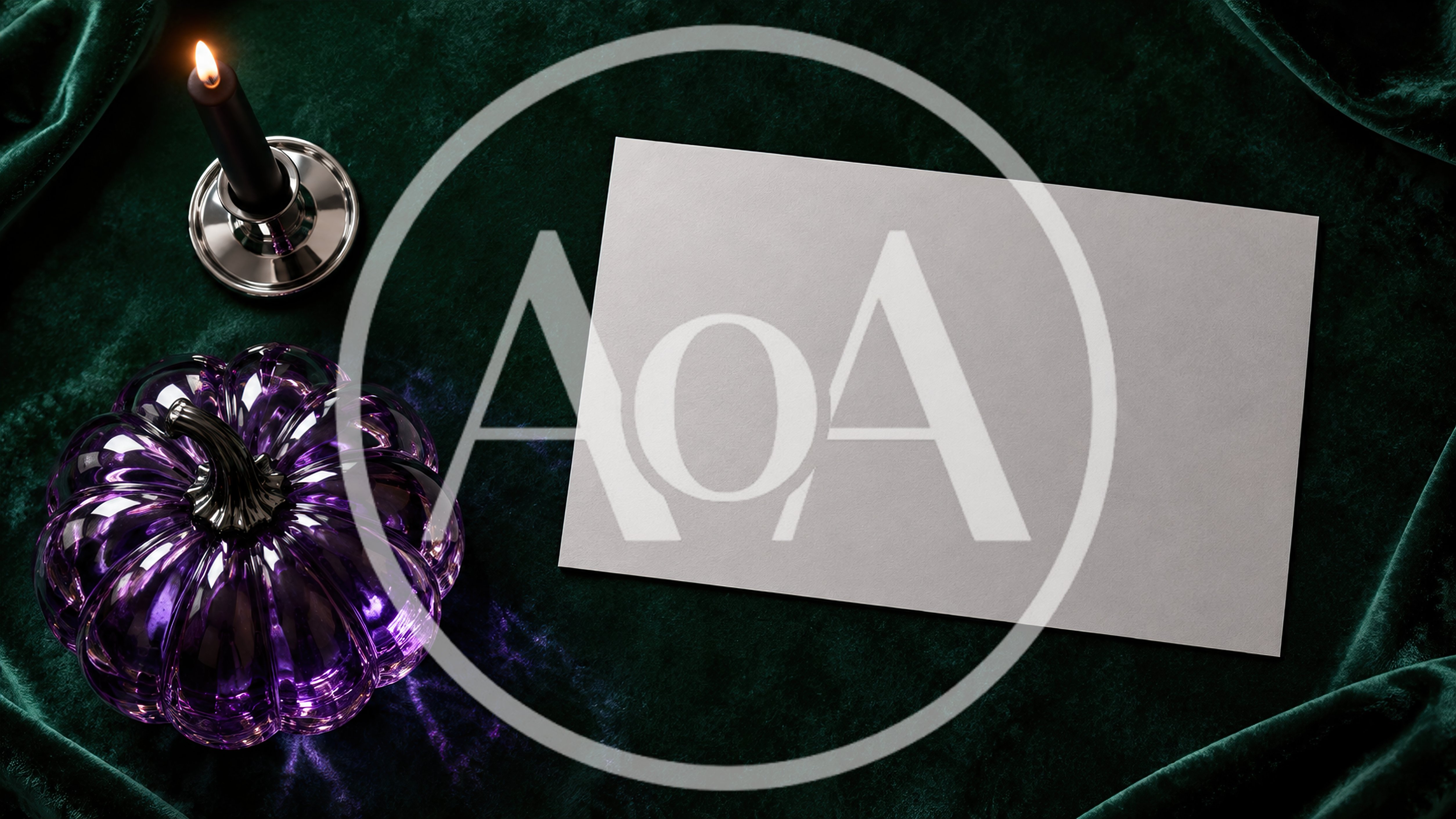 Purple Glass Pumpkin and Candle on Green Velvet
