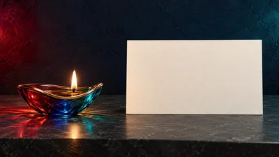 Lit Oil Lamp Beside Blank White Card