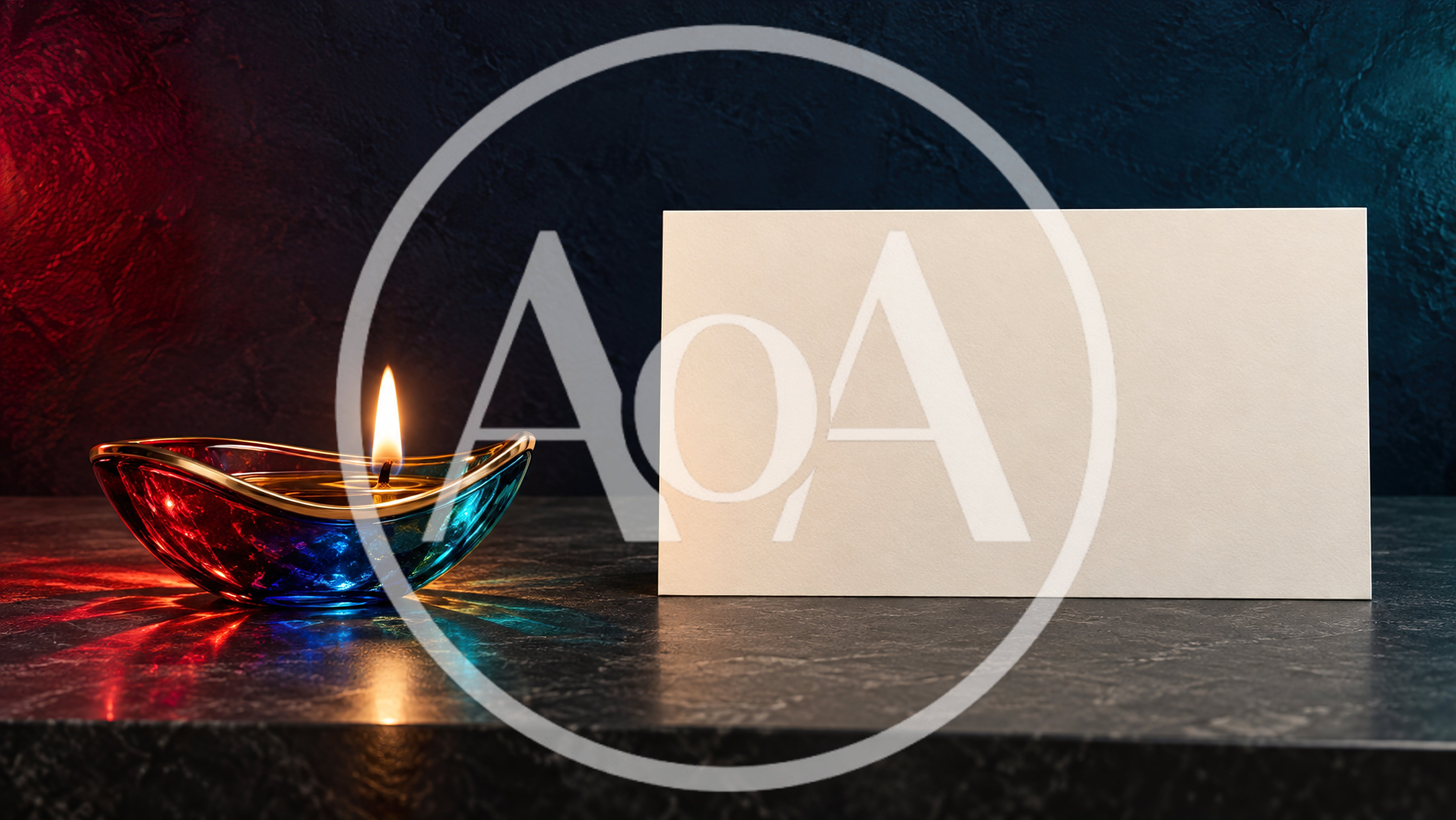 Lit Oil Lamp Beside Blank White Card