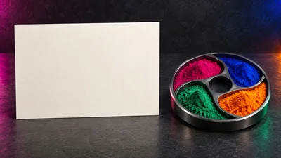 Blank White Card Beside Holi Color Powder Tray