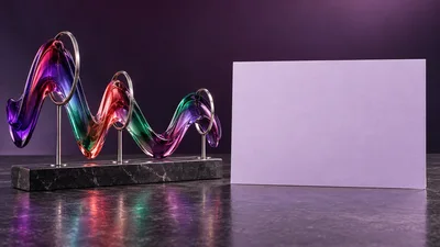 Abstract Glass Wave Sculpture With Blank Purple Card