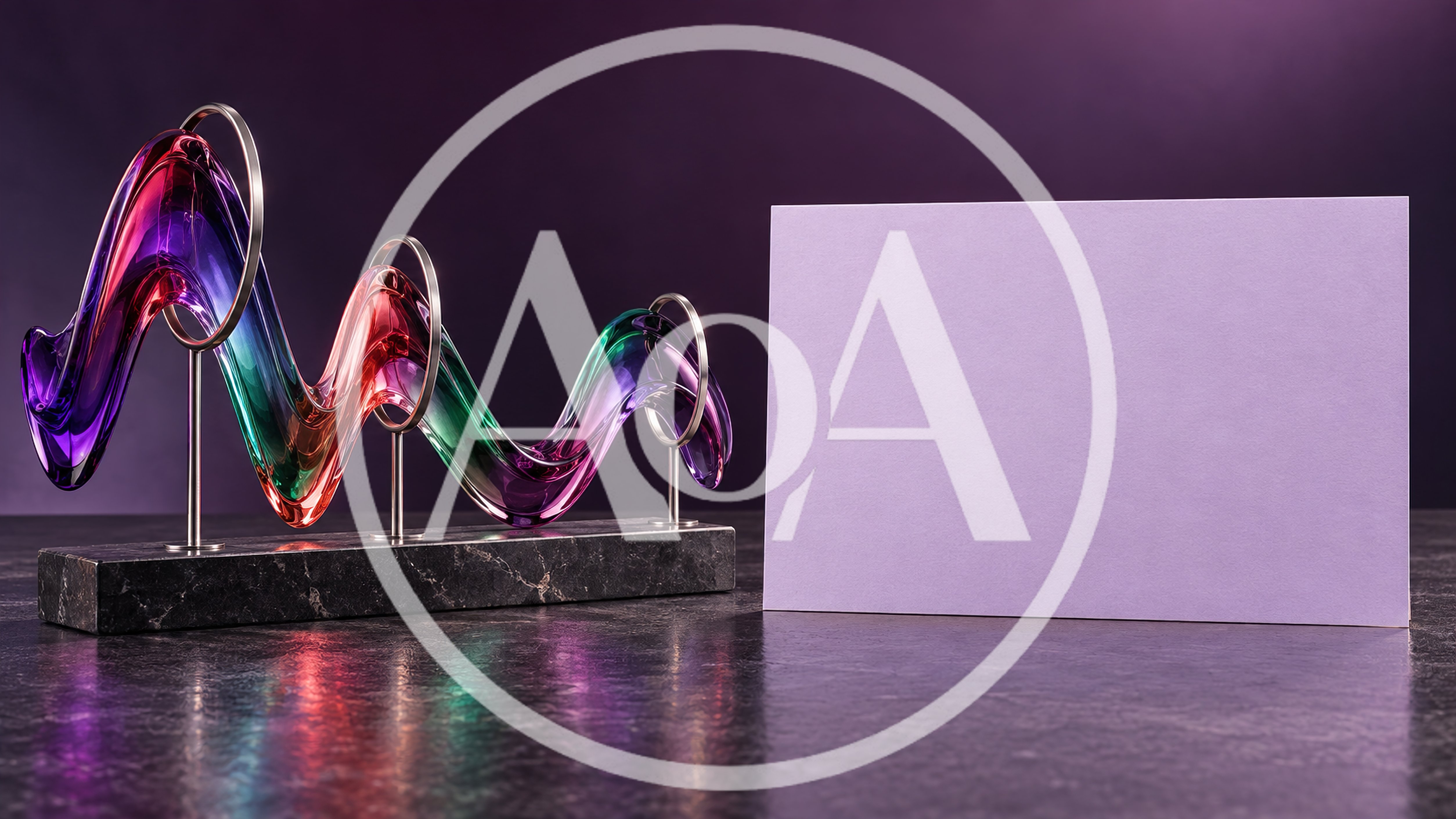 Abstract Glass Wave Sculpture With Blank Purple Card