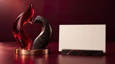 Abstract Heart Sculpture With Blank Business Card Holder