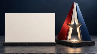 Blank White Card Beside Patriotic Star Award Trophy