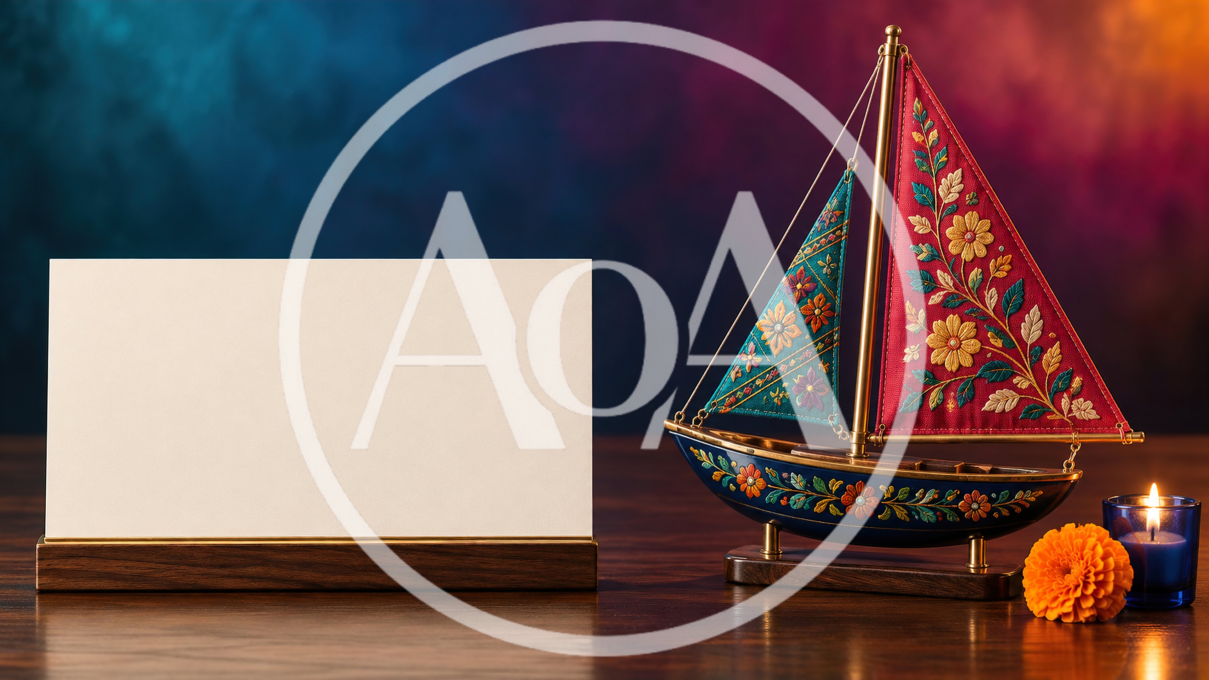 Decorative Sailboat Model With Blank Card On Wooden Table
