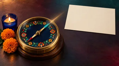 Decorative Compass With Marigolds And Candle