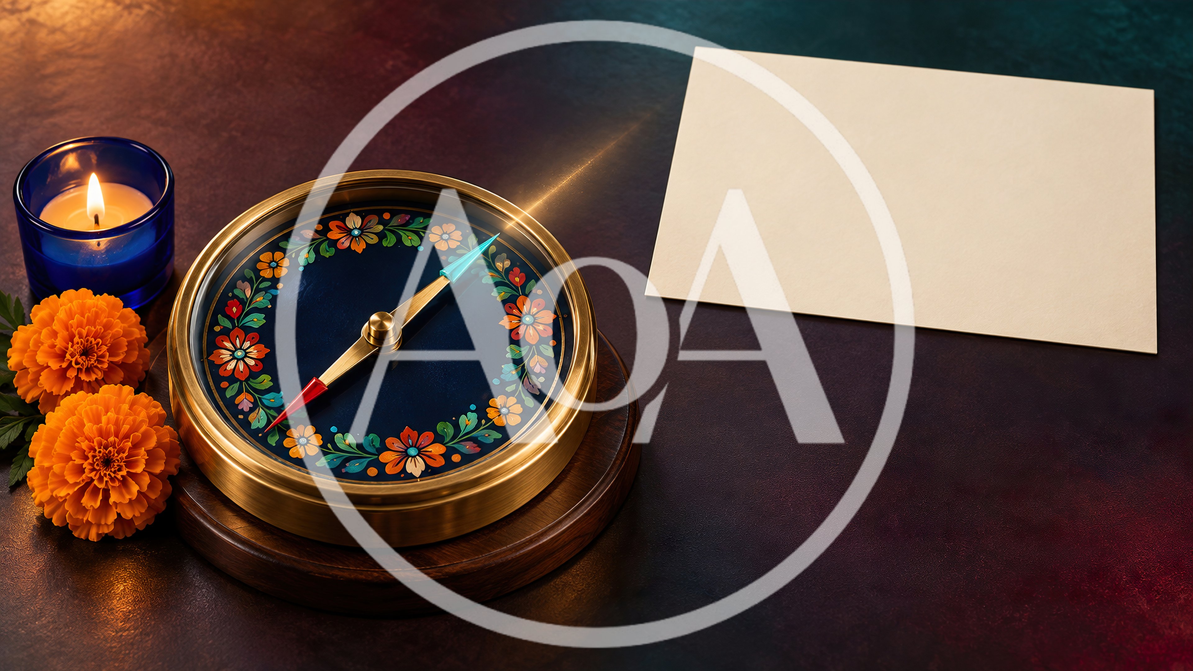 Decorative Compass With Marigolds And Candle