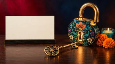 Ornate Decorative Padlock With Key And Blank Card