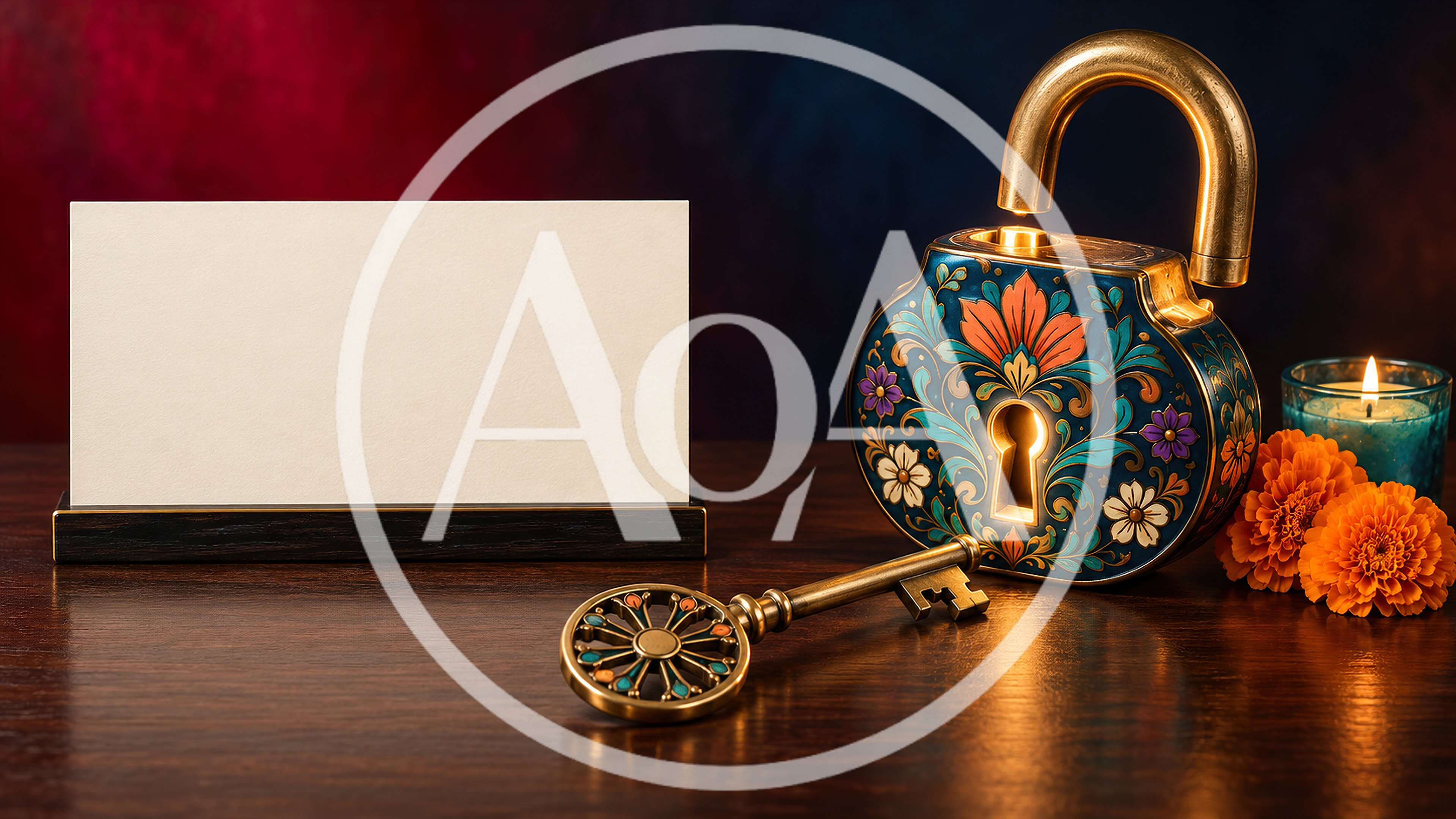 Ornate Decorative Padlock With Key And Blank Card