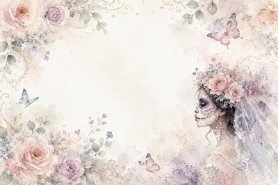 Watercolor Day of the Dead Bride Floral Frame
