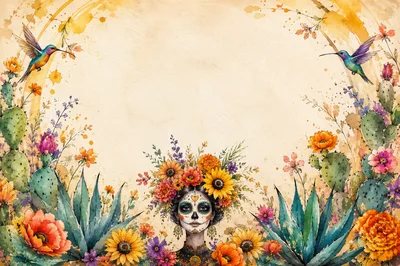 Day of the Dead Floral Illustration with Sugar Skull