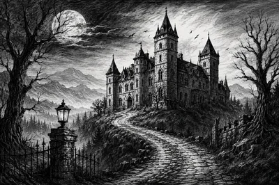 Gothic Castle On A Hill Under Full Moon