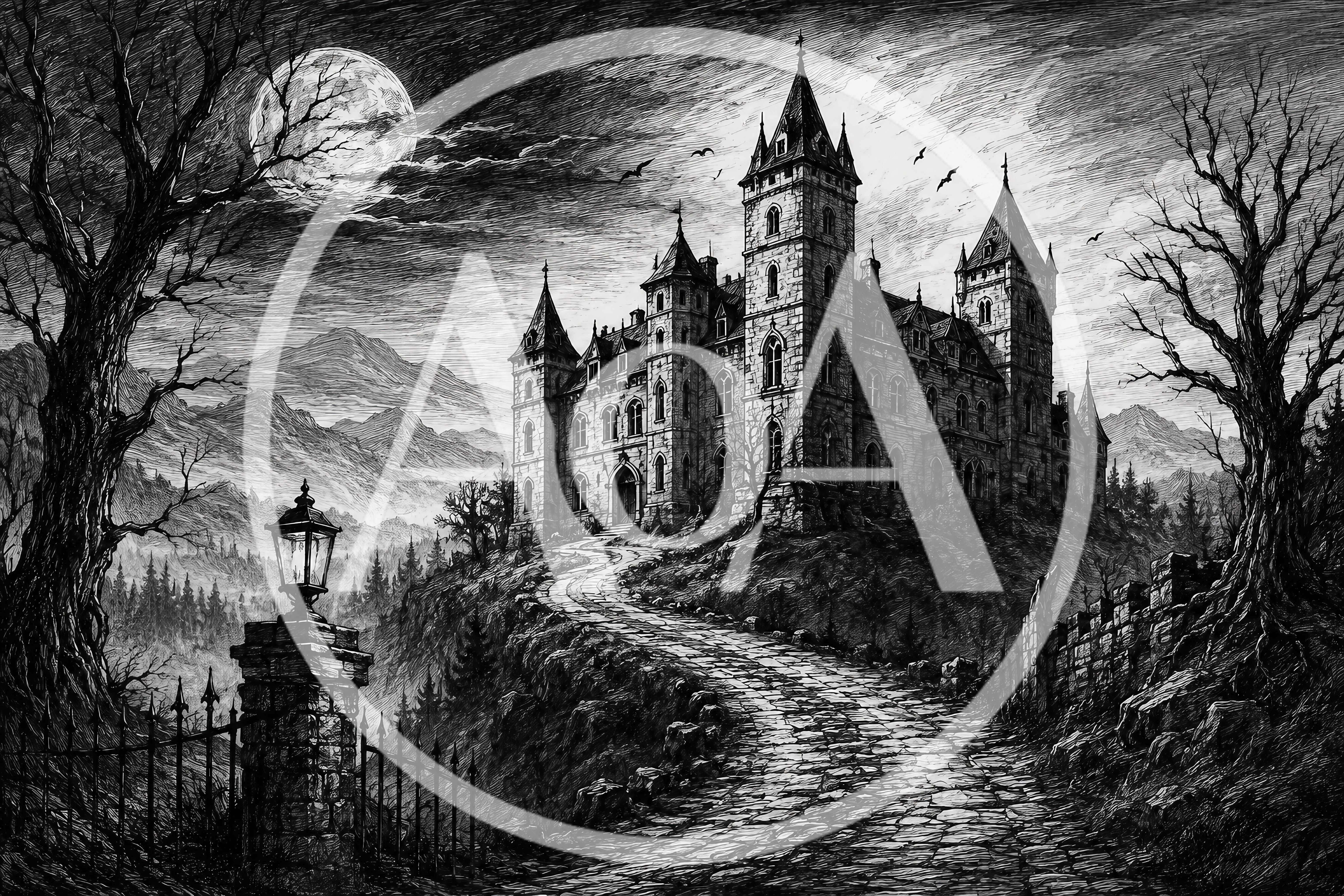 Gothic Castle On A Hill Under Full Moon