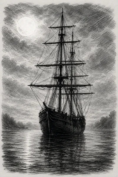 Antique Sailing Ship On Calm Water Under Full Moon