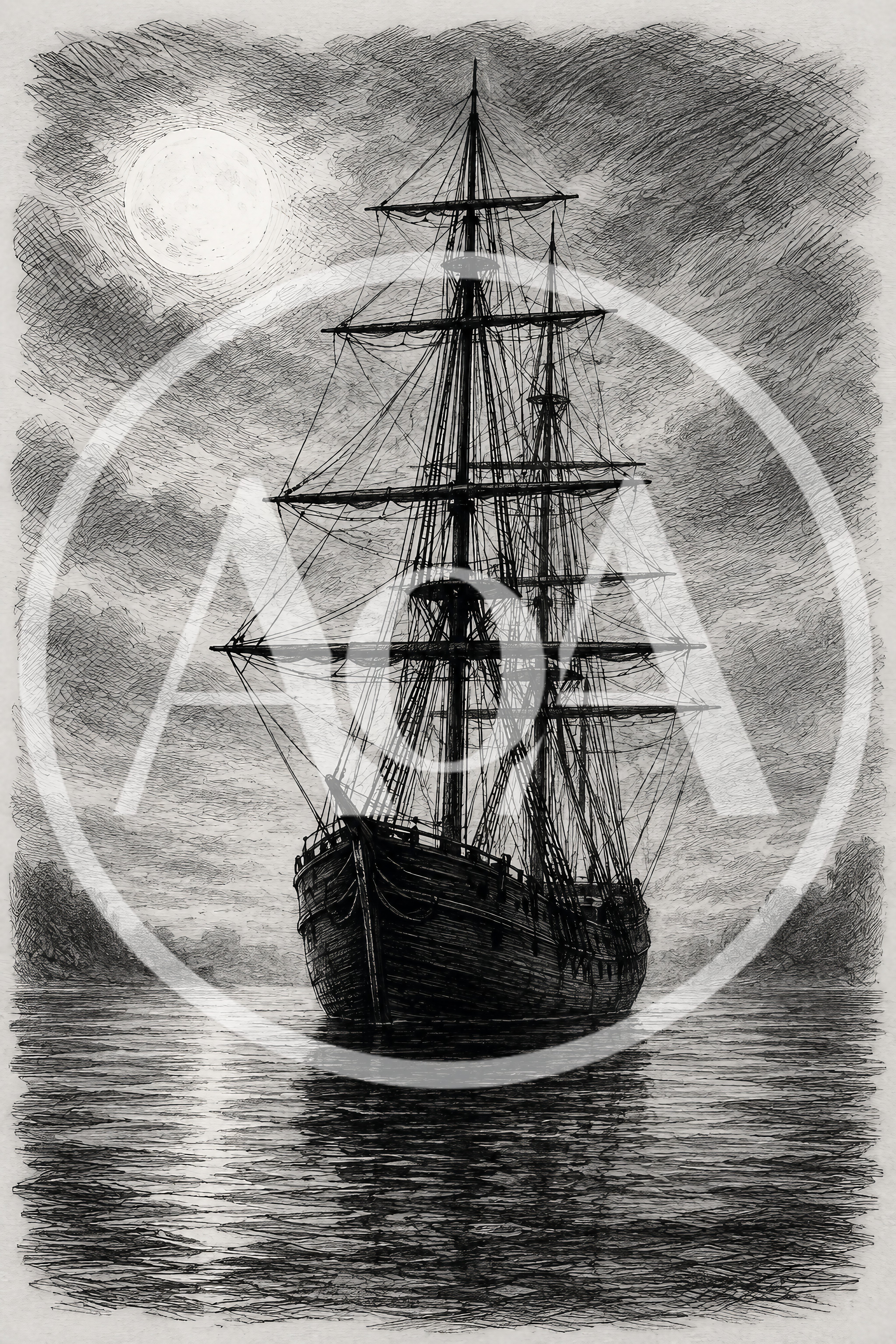 Antique Sailing Ship On Calm Water Under Full Moon