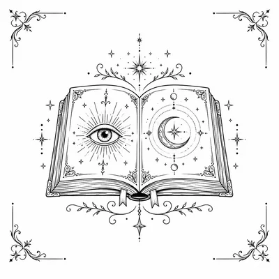 Mystical Open Book With Celestial Eye And Moon Illustration