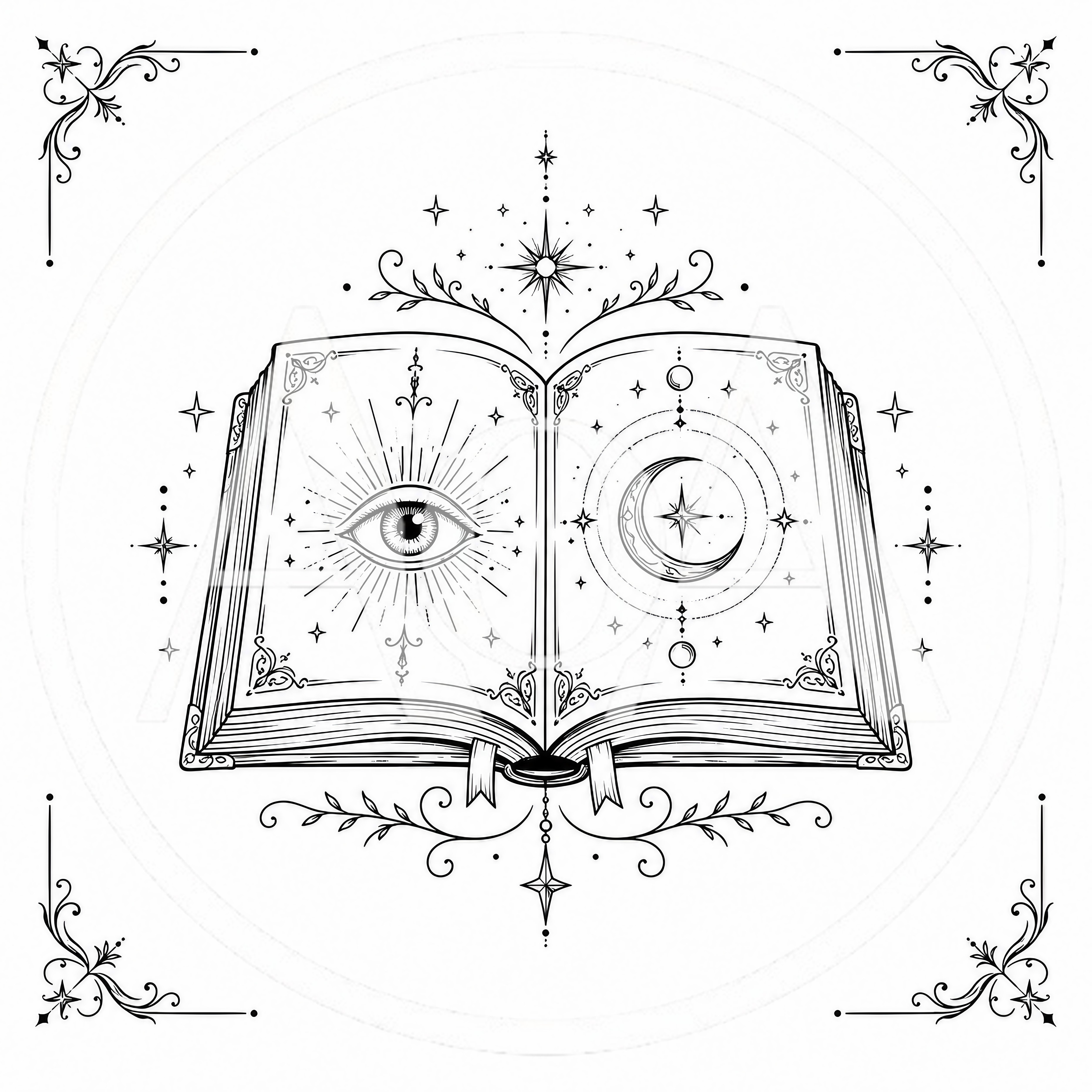 Mystical Open Book With Celestial Eye And Moon Illustration