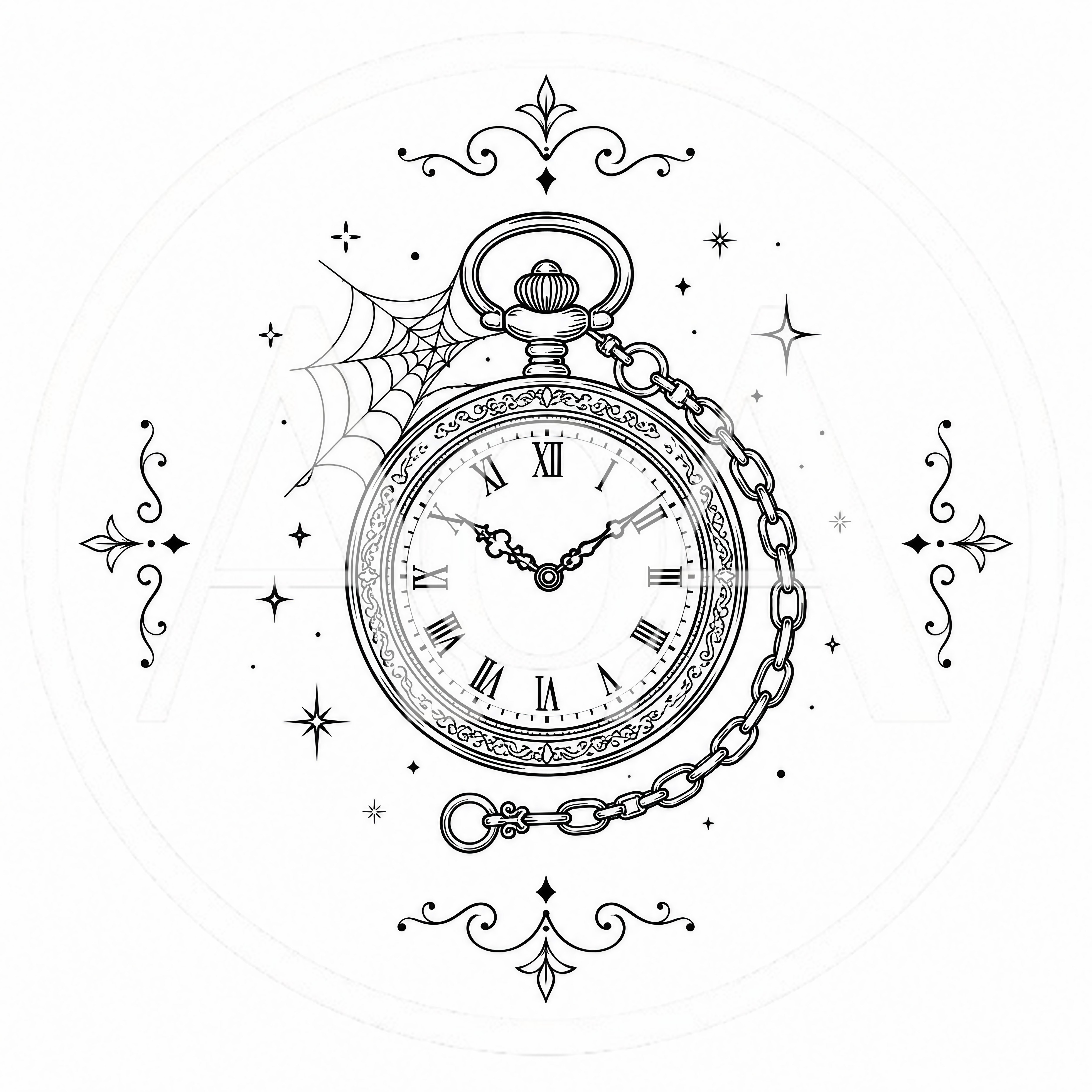 Vintage Pocket Watch With Spider Web Line Art