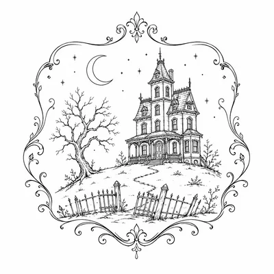 Haunted Victorian Mansion Line Art Illustration