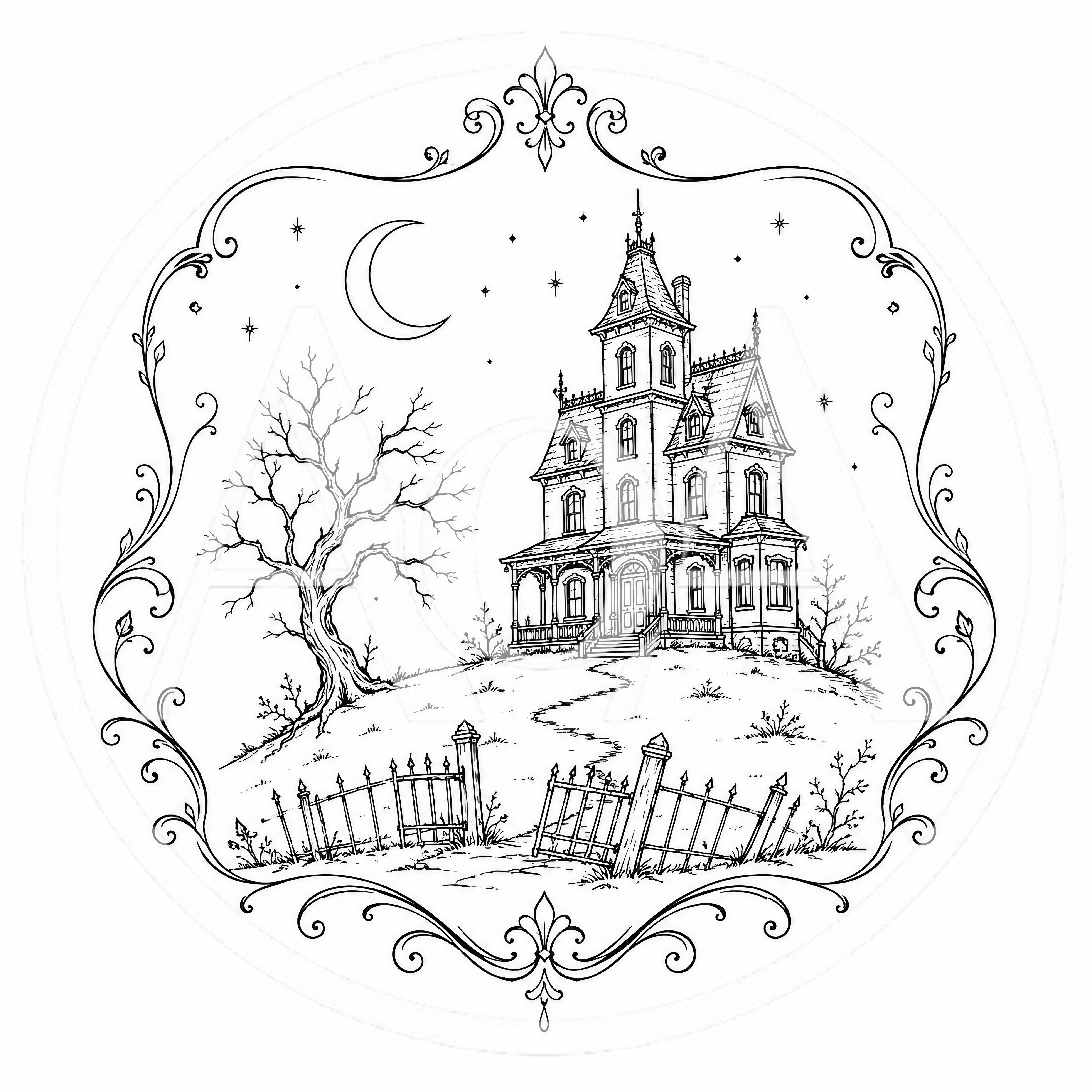 Haunted Victorian Mansion Line Art Illustration