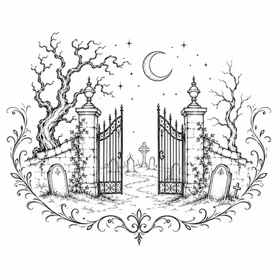 Gothic Cemetery Entrance With Iron Gates And Moon