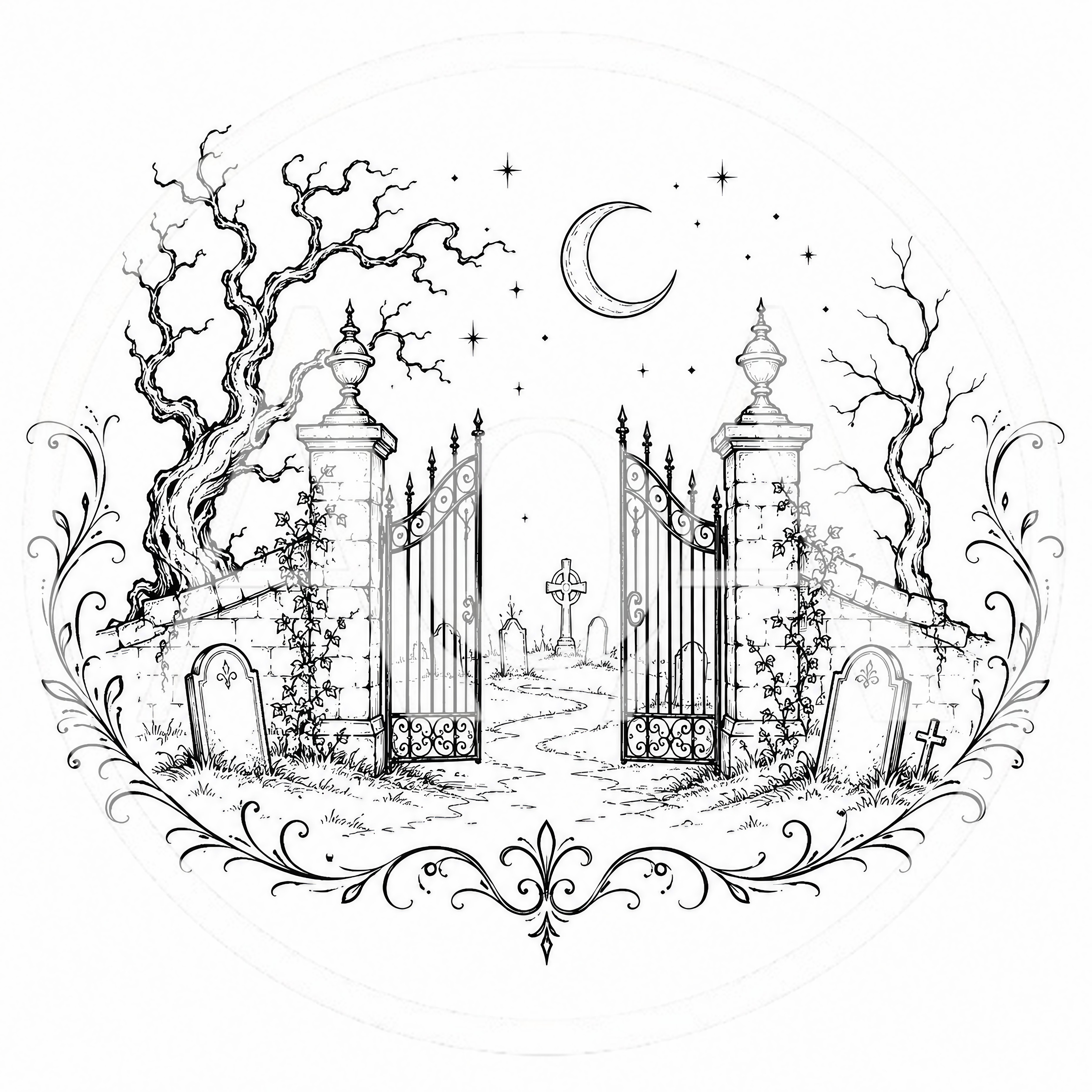 Gothic Cemetery Entrance With Iron Gates And Moon