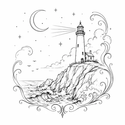 Black and White Line Art Lighthouse Illustration
