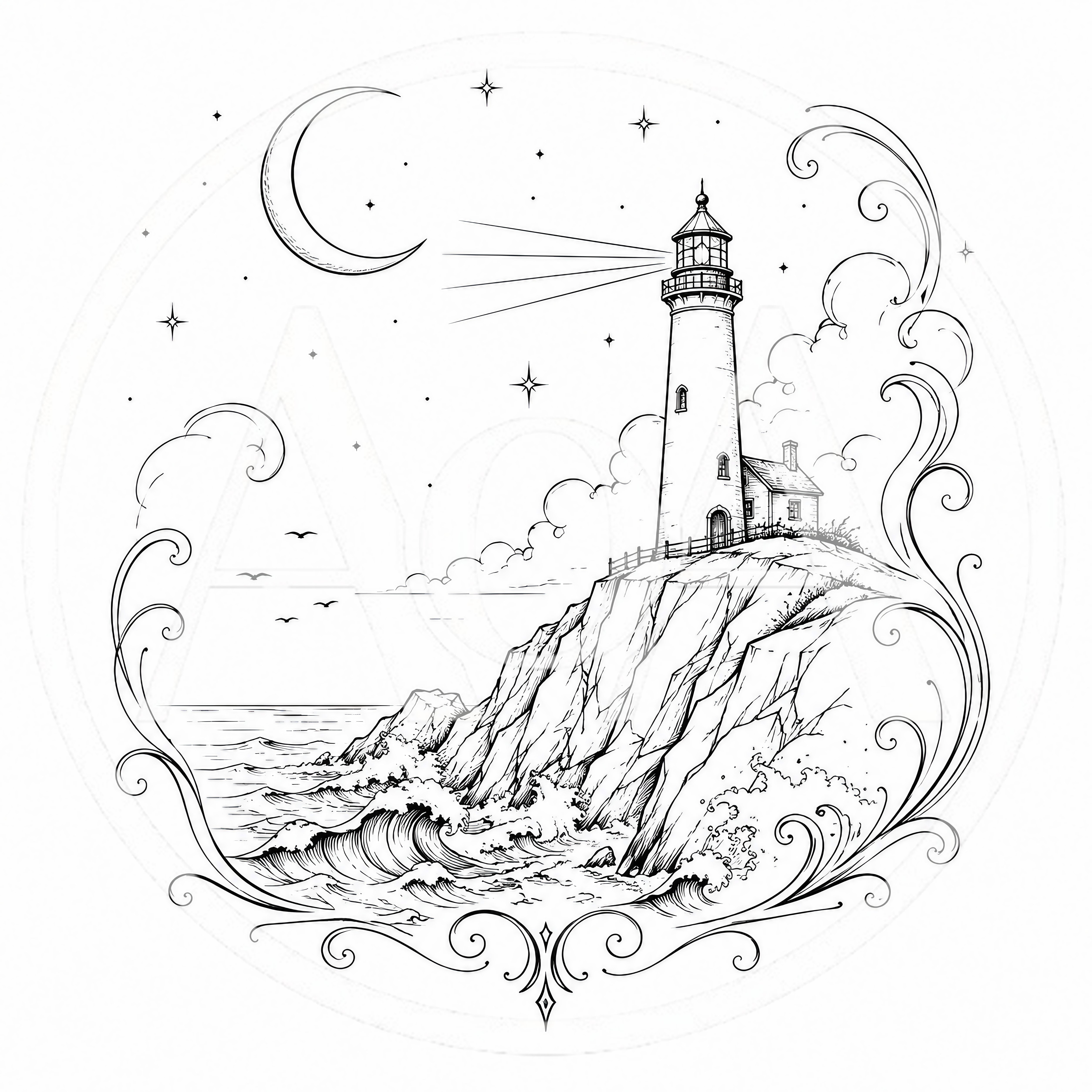 Black and White Line Art Lighthouse Illustration