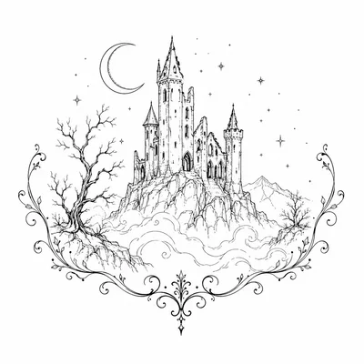 Intricate Line Art Illustration Of A Gothic Castle