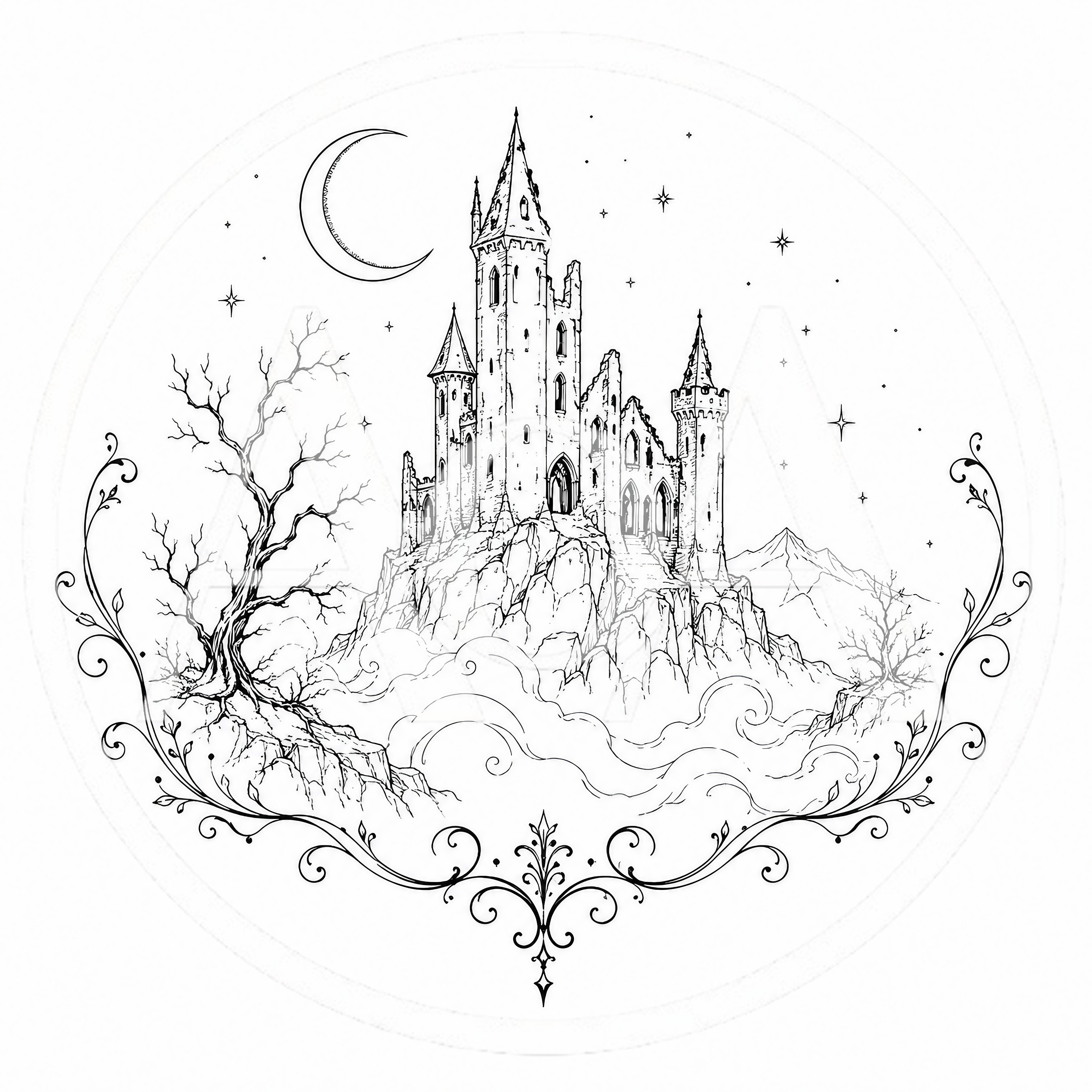 Intricate Line Art Illustration Of A Gothic Castle