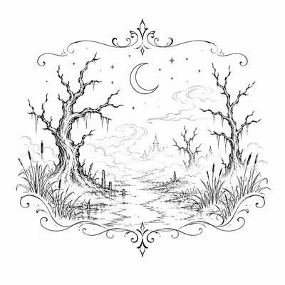 Gothic Swamp Landscape With Bare Trees And Castle