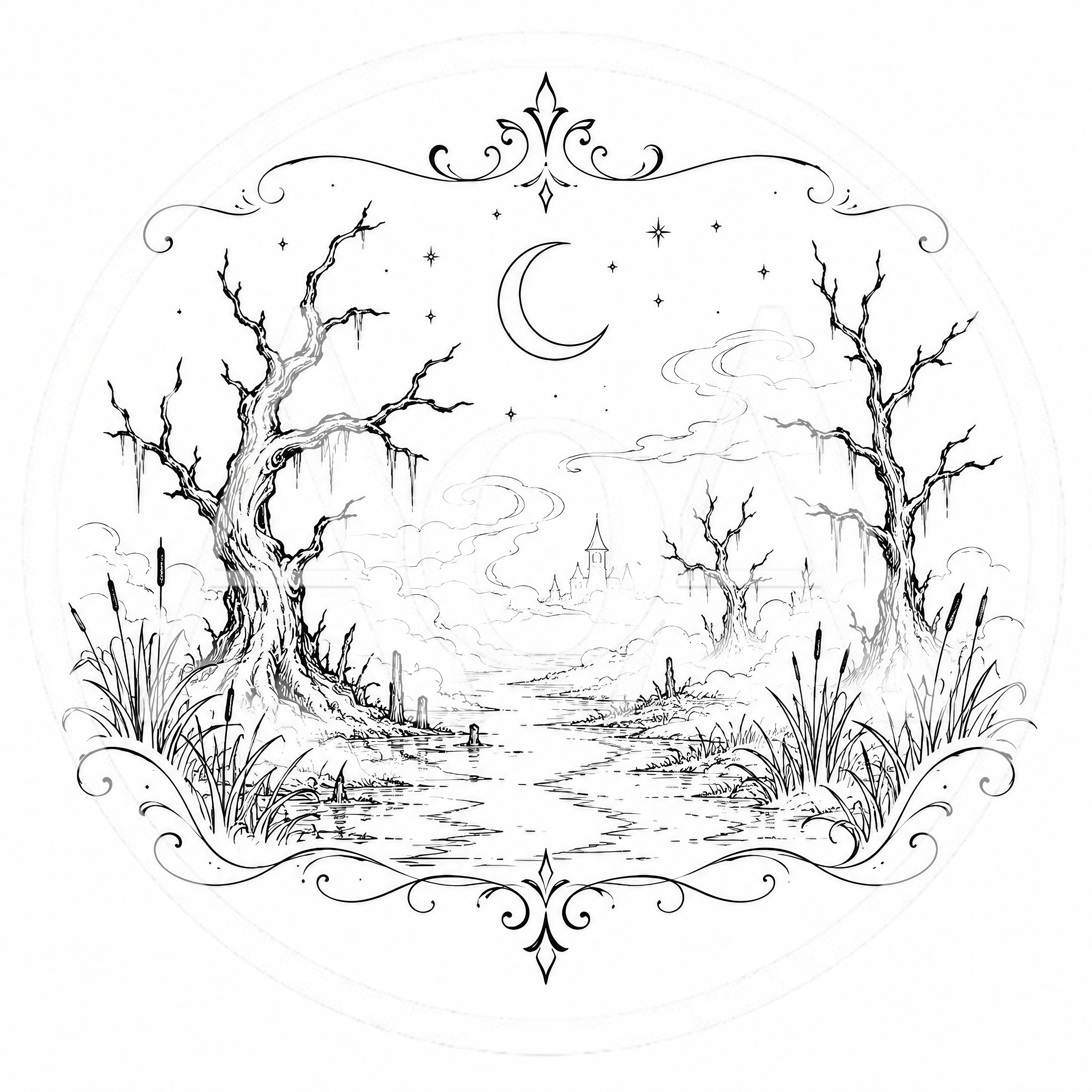 Gothic Swamp Landscape With Bare Trees And Castle