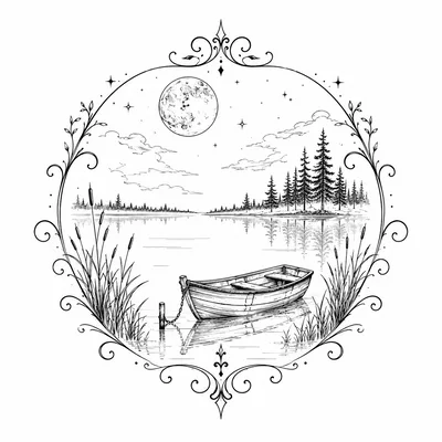 Line Art Illustration Of A Boat On A Lake