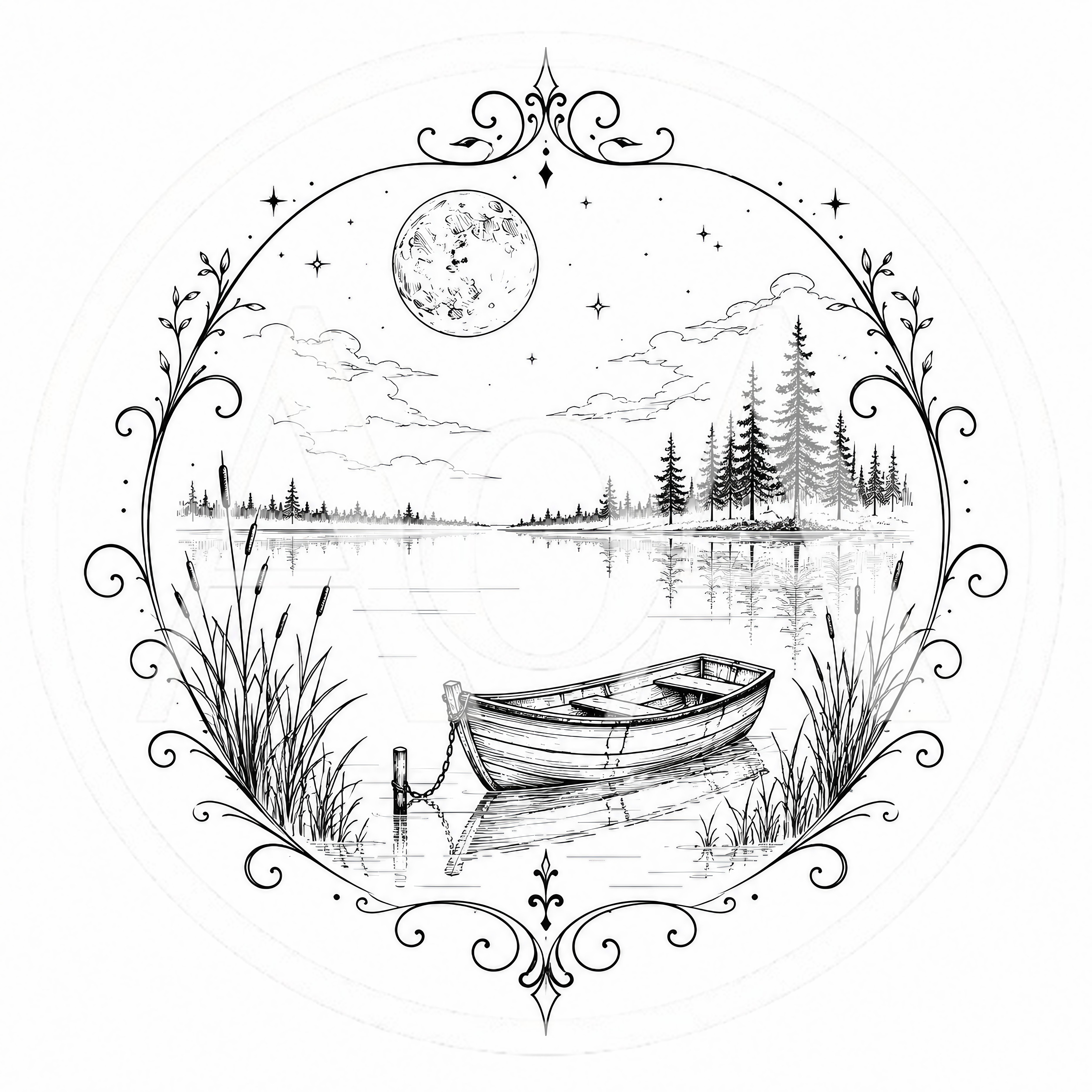 Line Art Illustration Of A Boat On A Lake