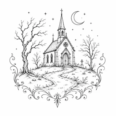 Gothic Church Illustration With Cemetery And Crescent Moon