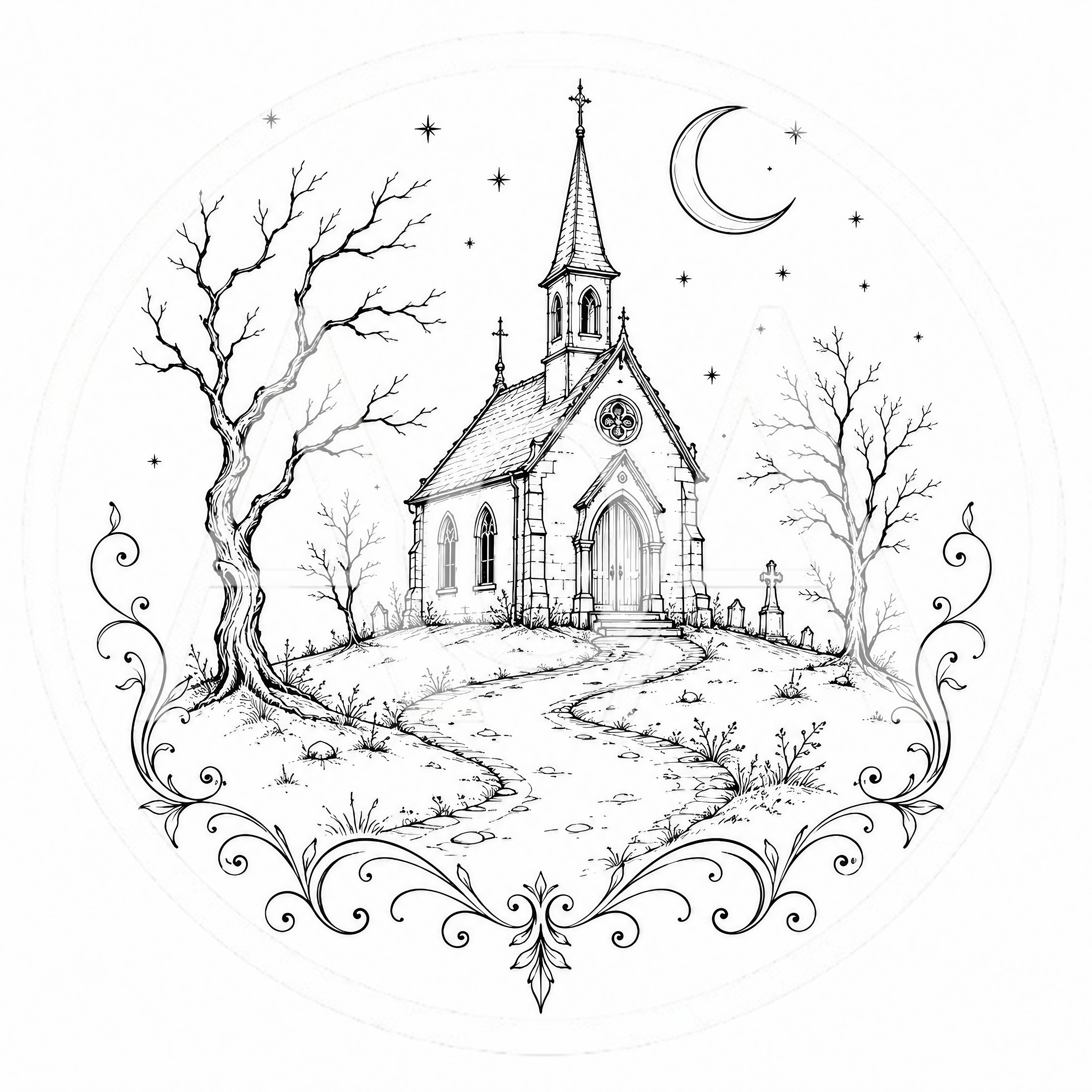 Gothic Church Illustration With Cemetery And Crescent Moon