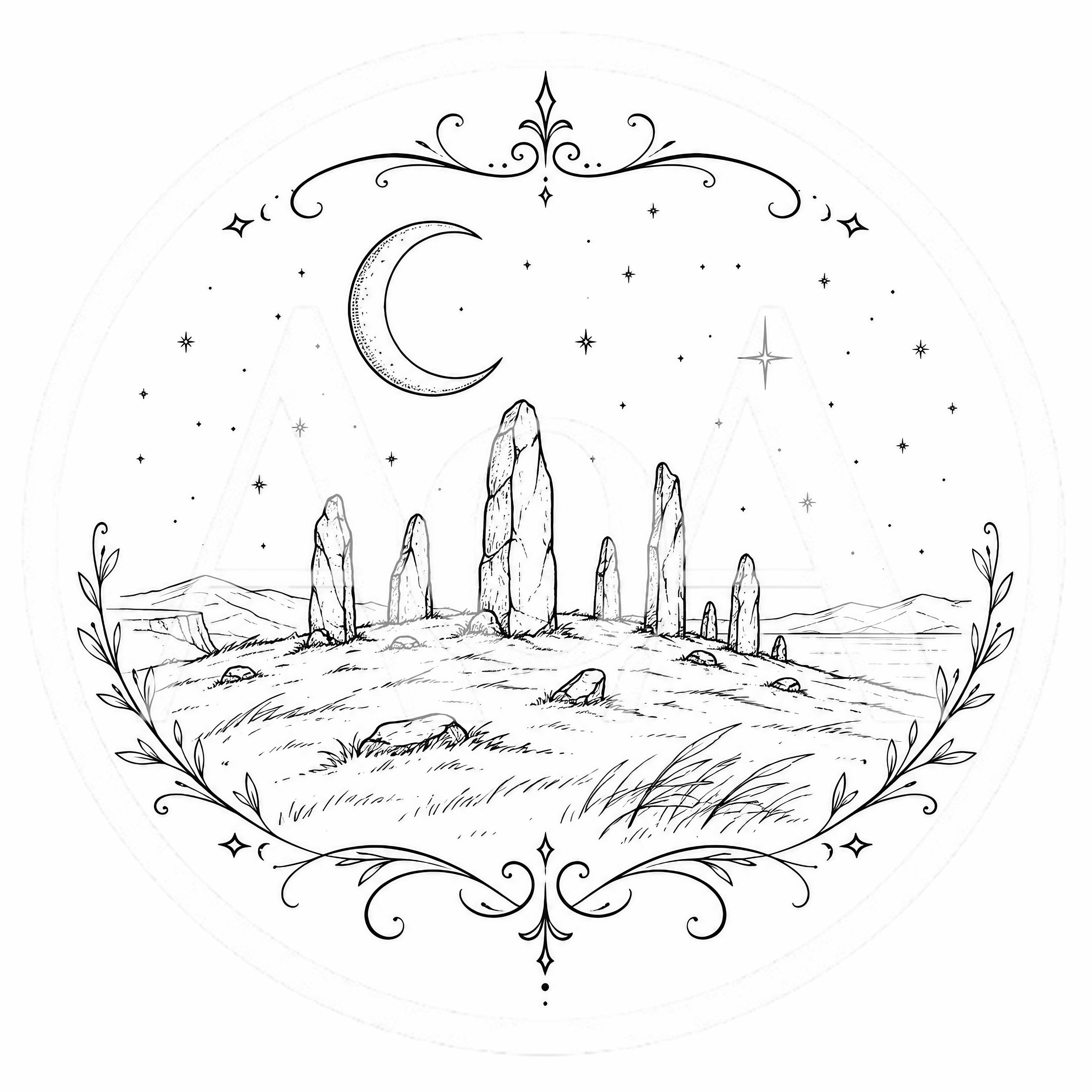 Line Art Illustration Of Ancient Standing Stones