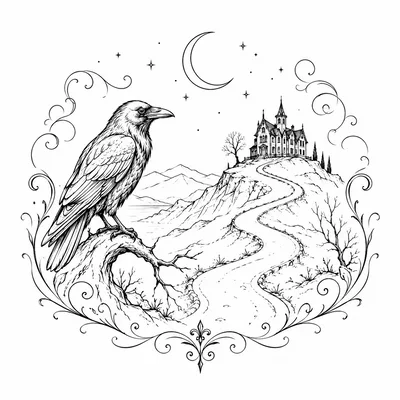 Gothic Raven Perched Before A Haunted Hilltop Mansion