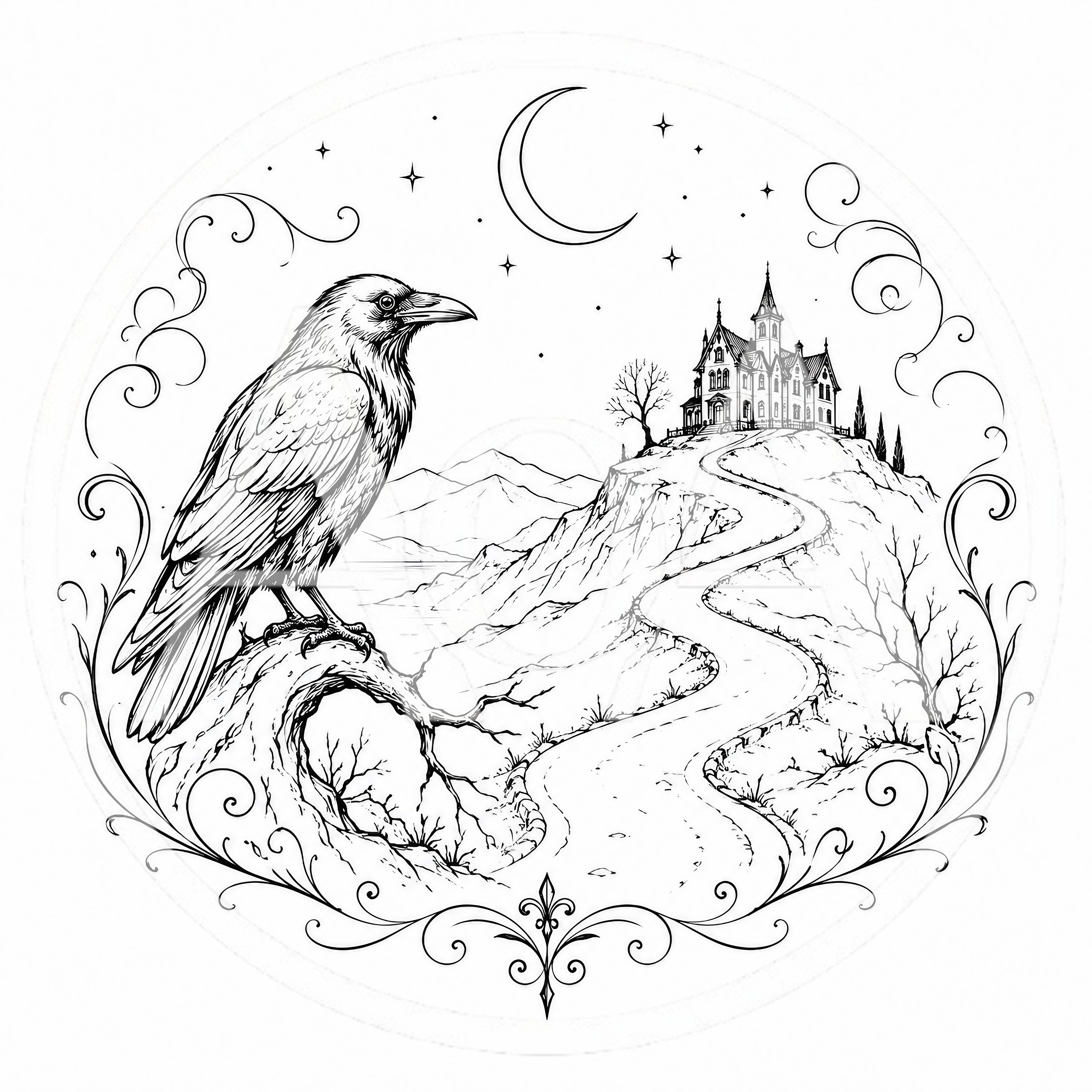 Gothic Raven Perched Before A Haunted Hilltop Mansion