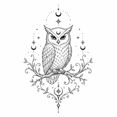 Detailed Line Art Illustration Of An Owl On Branch