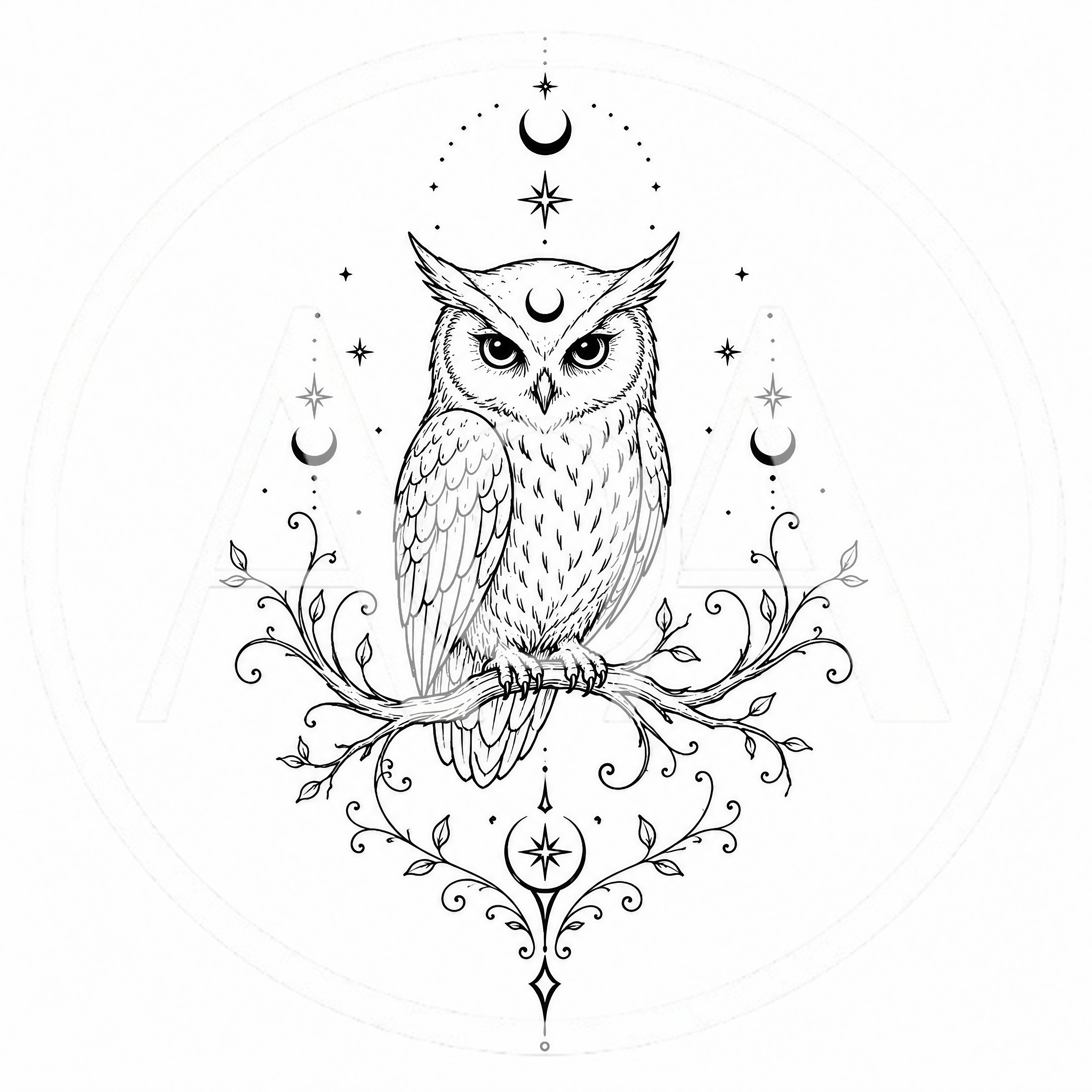 Detailed Line Art Illustration Of An Owl On Branch